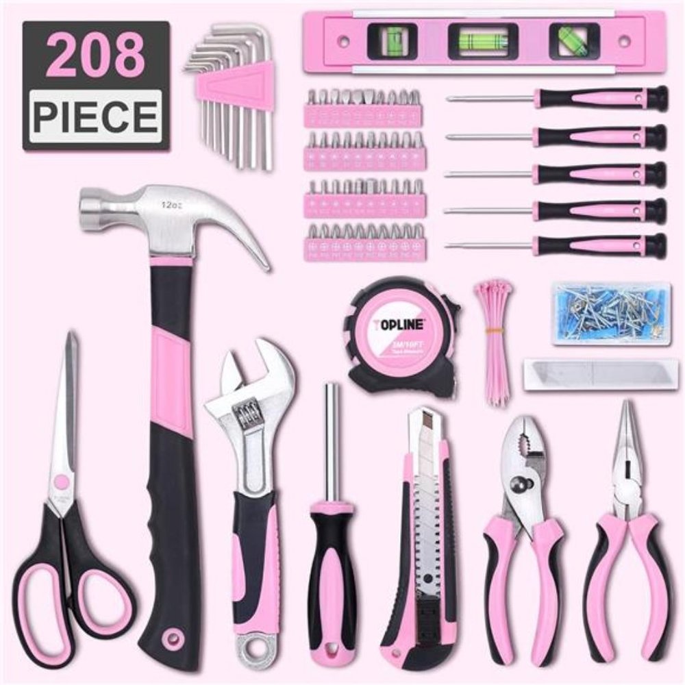208Piece Pink Tool Kits for Women with Round Pouch,Small Tools Kit for Apartment